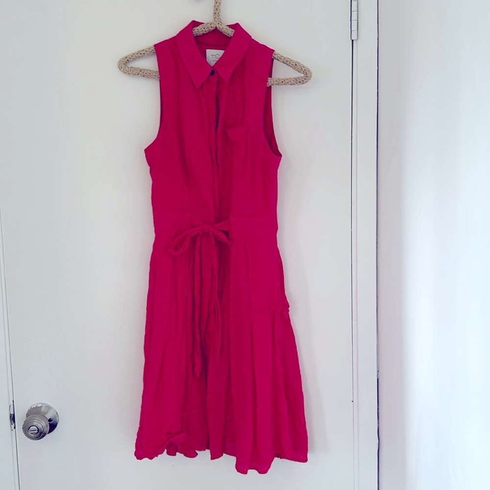 Anthropologie Hd In Paris 100% Linen Hot Pink Shirt Dress size 0